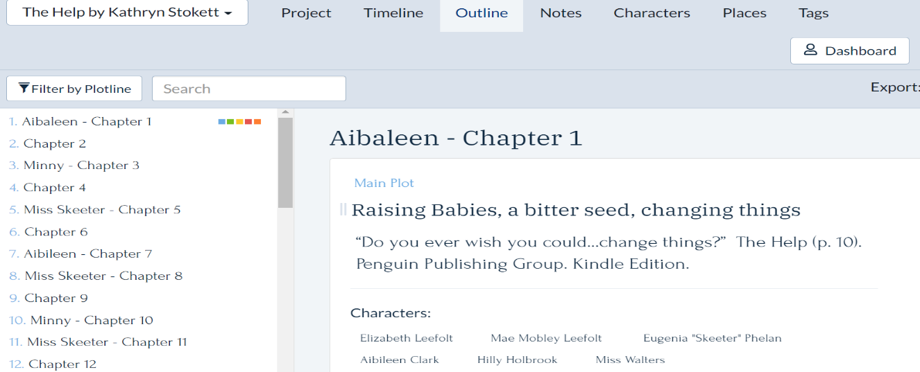 JLNICH blog beats article, Essential Software for Pantsers, part 2, here is my reverse-engineered novel outline example of The Help by Kathryn Stockett.