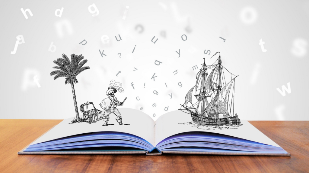 JLNICH blog beats article, Build Tension and Conflict: Persuasive Storytelling. Image of pirate and ship drawing coming out of a book