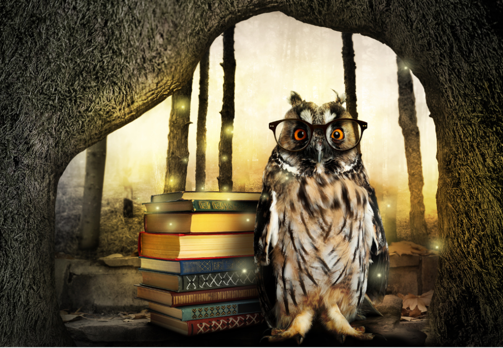 JLNICH blog beats article, Crafting Universes: Your Guide to World-Building Mastery. blog cover image of an owl wearing glasses next to a stack of books