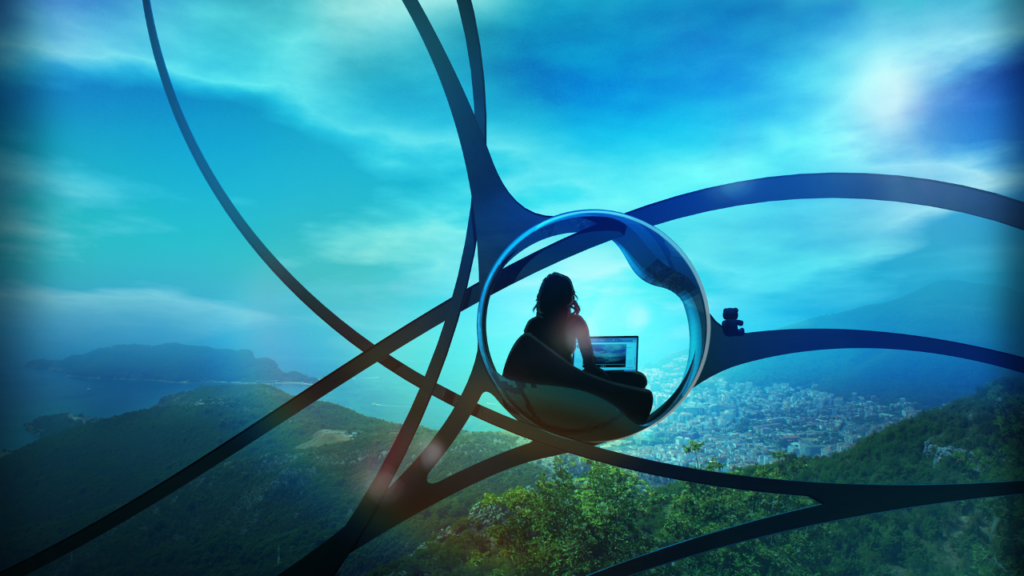 JLNICH blog beats article, Create a Compelling Structure: Persuasive Storytelling. Cover image of woman in glass bubble handing in a web of architecture