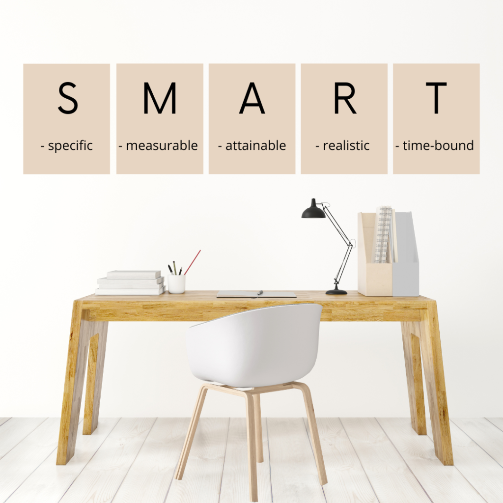 JL NICH blog beats article, 2024 Beyond SFF Writing Goals: How to Ensure Success. Image of a desk and chair with the word SMART above it for Smart Goals