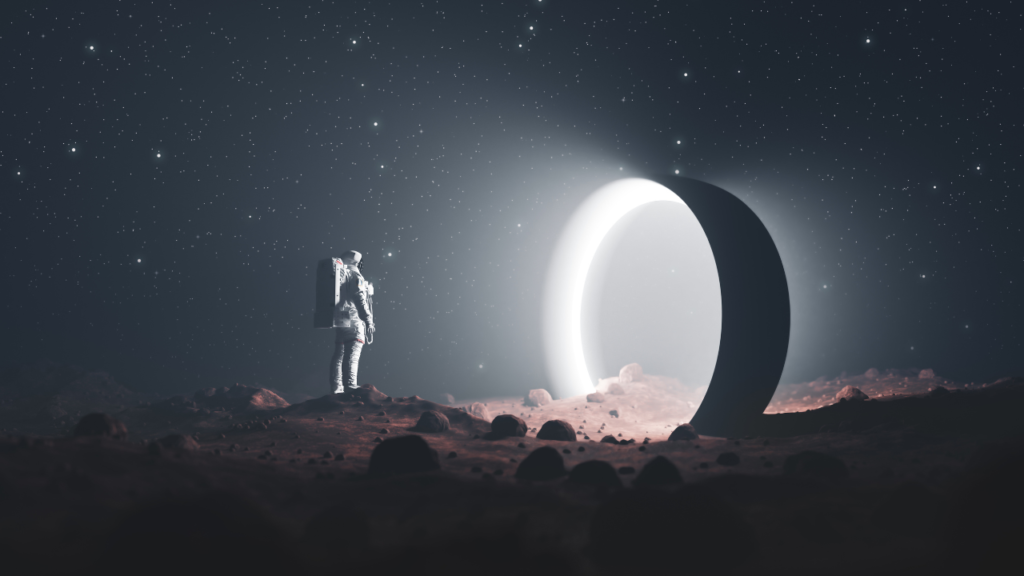 JL NICH blog beats article, Epic Echoes: Hot Topics Shaping SFF Today. Blog cover image of a person in a space suit facing a circle light portal