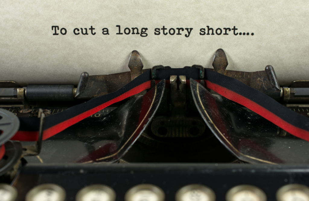 JL NICH blog beats article, In Praise of Brevity: A Journey into Novella and Short Story Publishing. Cover image of typewriter with the sentence "to make a long story short"
