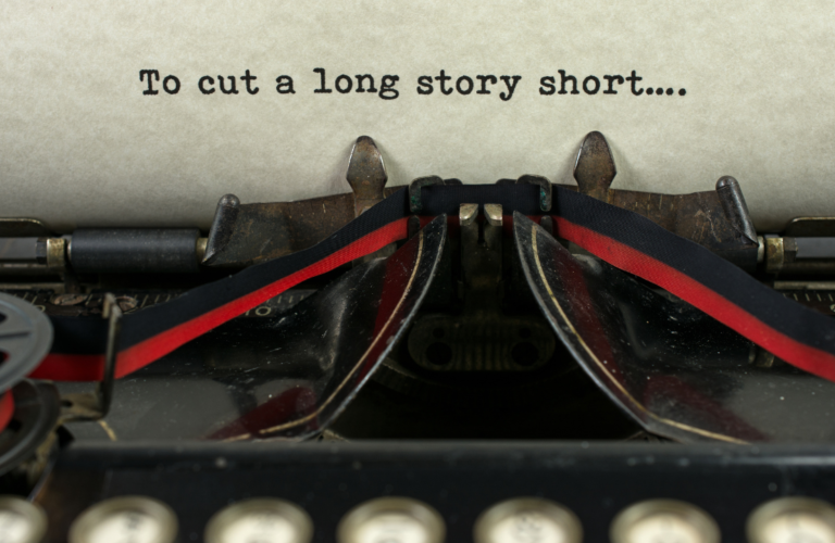 JL NICH blog beats article, In Praise of Brevity: A Journey into Novella and Short Story Publishing. Cover image of typewriter with the sentence "to make a long story short"