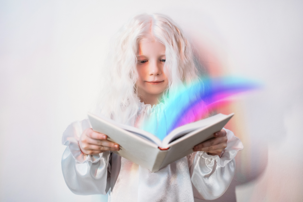 JL NICH blog beats article, Shaping Tomorrow: Exploring Diversity in SFF Narratives. Cover image of albino girl holding a white book with a rainbow shining out of it.