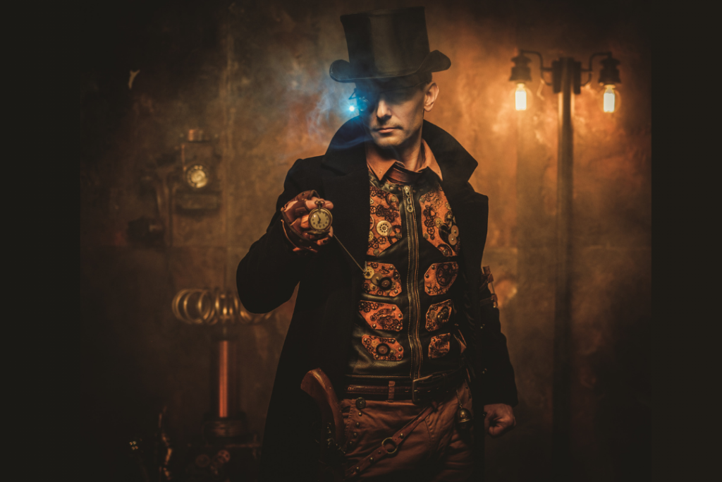 JL NICH blog beats article, Parallel Pasts: Crafting Worlds through Alternative History in SFF. Cover image for blog, image of 1800 style dress man with pocket watch, and advanced digital eye gear