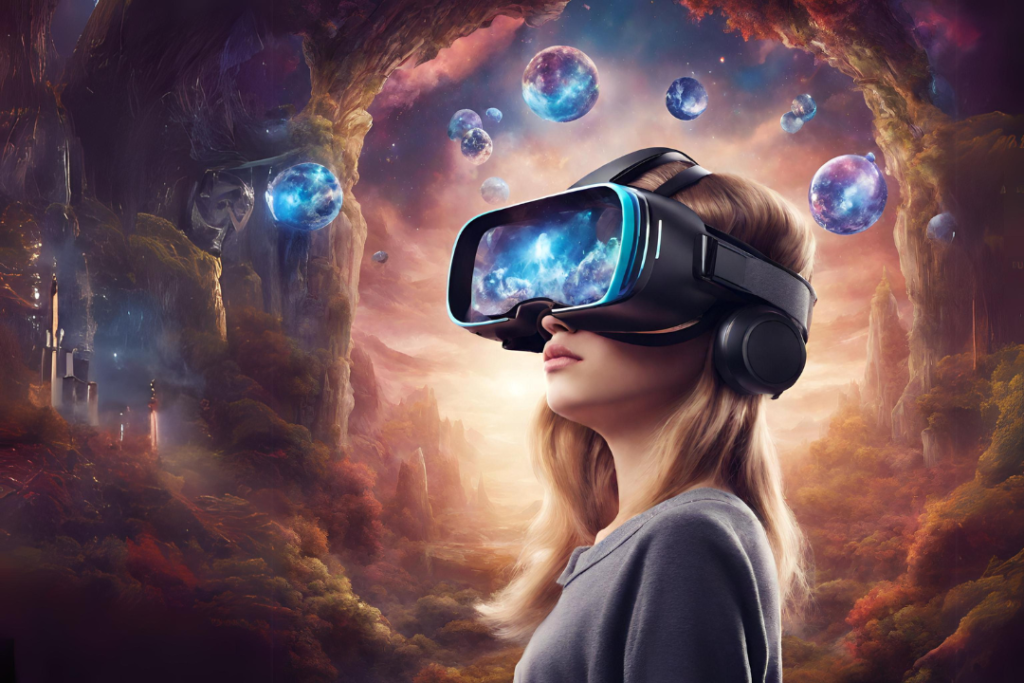 JL NICH blog beats article, Virtual Realities and Magical Realms: Where SFF Literature is Headed in the Coming Years. Cover image of woman wearing VR glasses in a magical realm