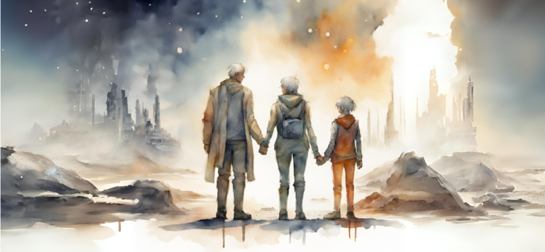 JL NICH blog beats article, Character Relationships in Family Dynamics and Identity Formation in SFF Novels. Cover image for blog. watercolor white haired family walking away.